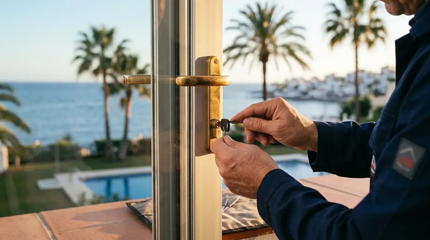 Cerrajero trabajando en la cerradura de una puerta frente al mar en la Costa del Sol