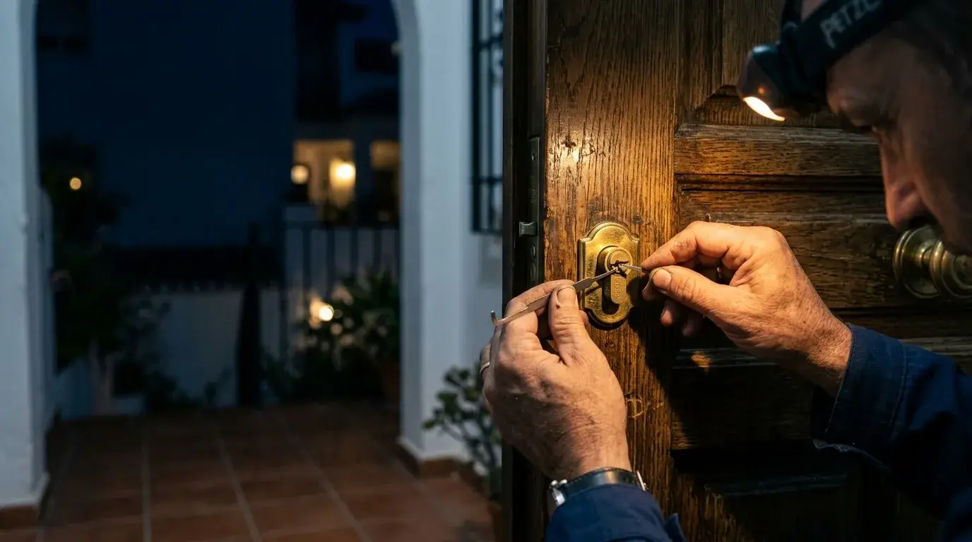 Cerrajero abriendo de noche la cerradura de una puerta de madera en Málaga