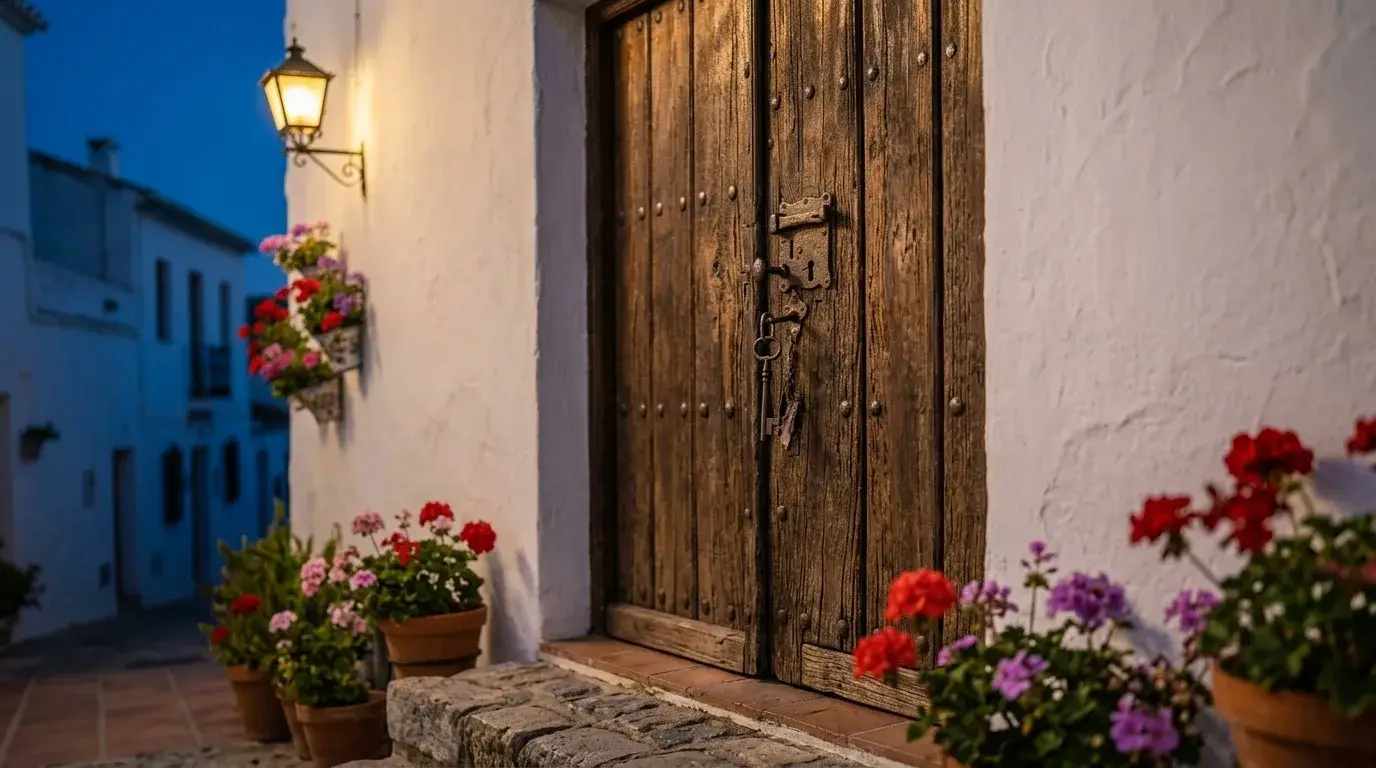 Puerta antigua de madera en una calle encalada de un pueblo de Málaga
